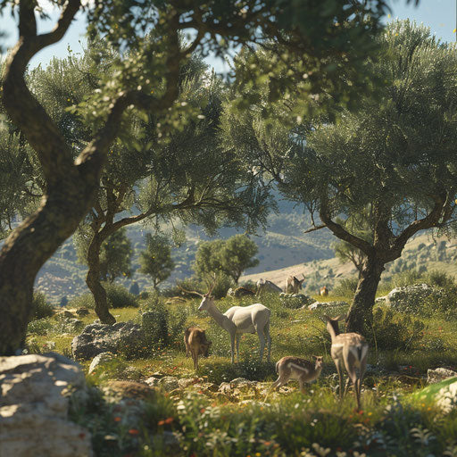 Animals in a Mediterranean landscape with olive groves