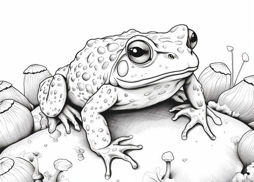 Coloring page of a frog in light magenta and dark emerald