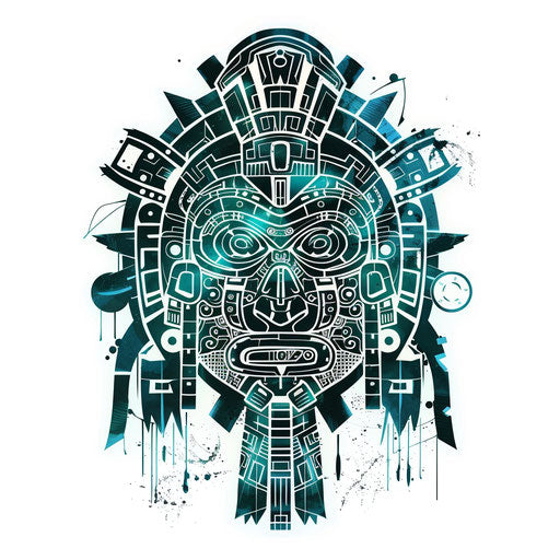 Futuristic Mayan glyph tattoo with holographic effects on pure white background