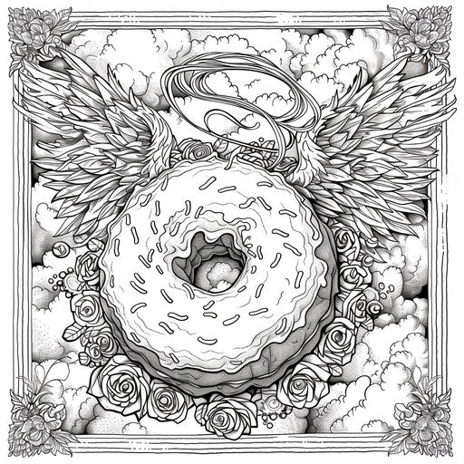 Whimsical donut with wings and halo in a fantasy scene