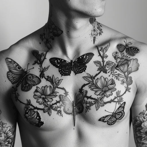 Men's chest tattoo: detailed insects, Maria Sibylla Merian style