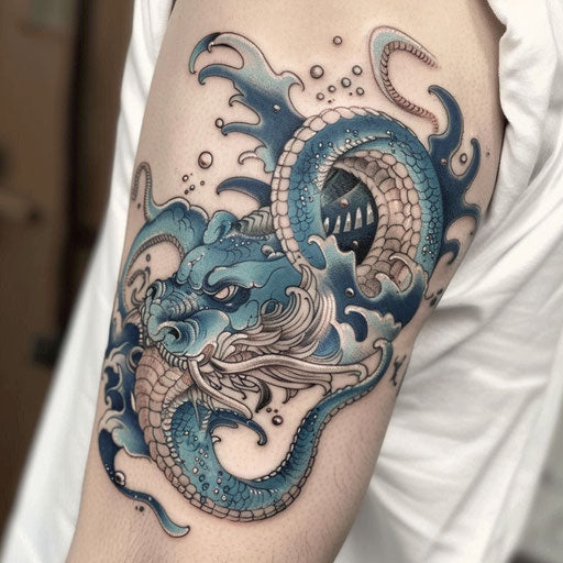 Japanese-inspired tattoo of a Kraken representing Poseidon's wrath, with waves in indigo and teal, beautifully contrasted on a white surface.