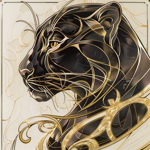 Art deco panther tattoo on white poster with elegant lines