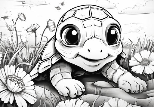 Coloring page of a turtle with flowers on the ground