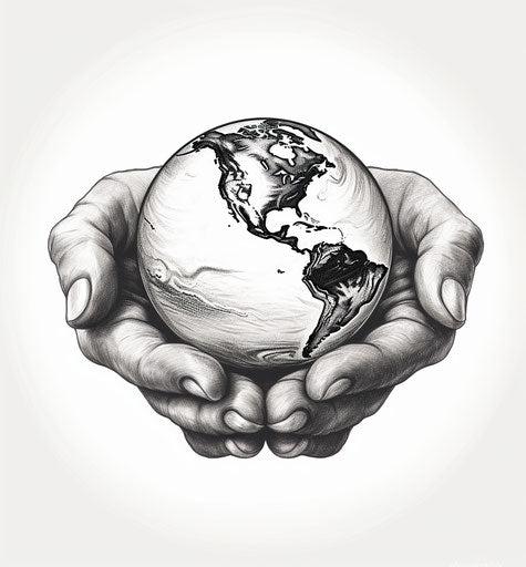 Earth in human hands, vector outline sketch