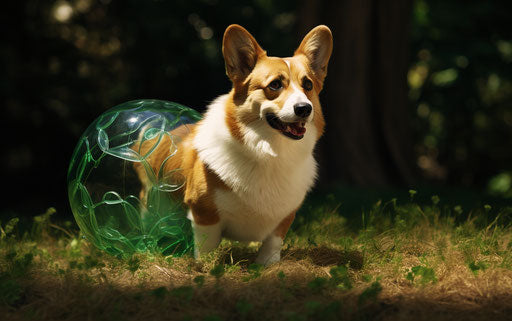 Dog running with a ball in its mouth in the grass