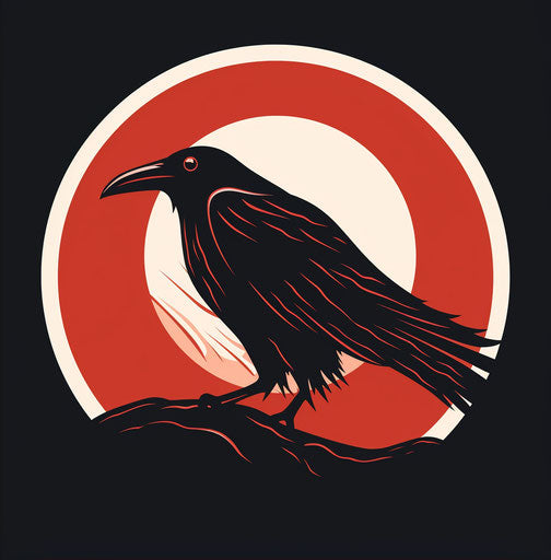 Black and red raven on moon icon, minimalist graphic style