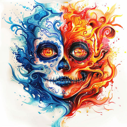Sugar skull tattoo with fire and water theme
