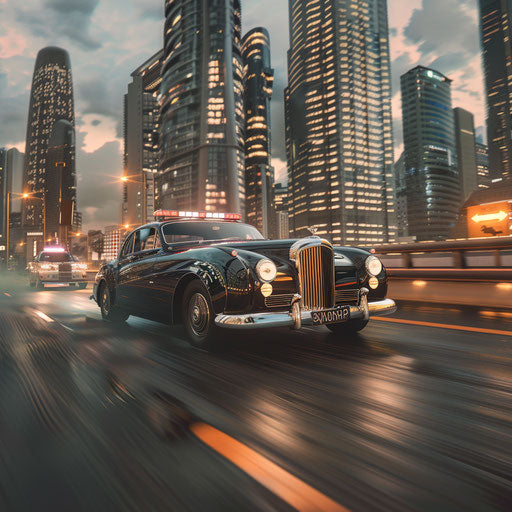 1954 Bentley R Type Continental transformed into a police pursuit car chasing a sports car on a city highway