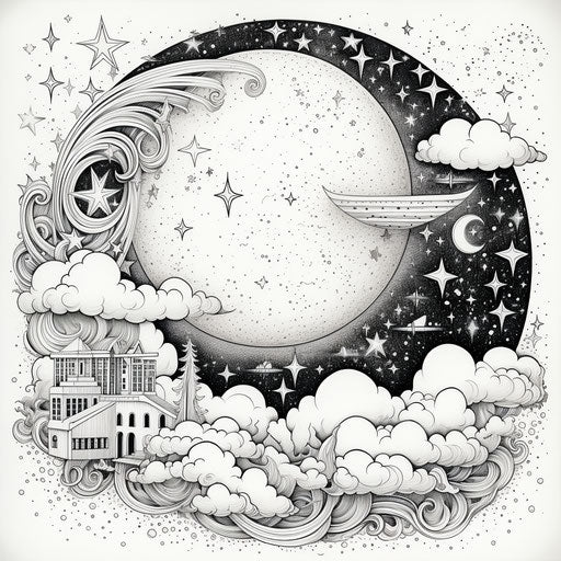 Moon and stars in an artfully detailed coloring page