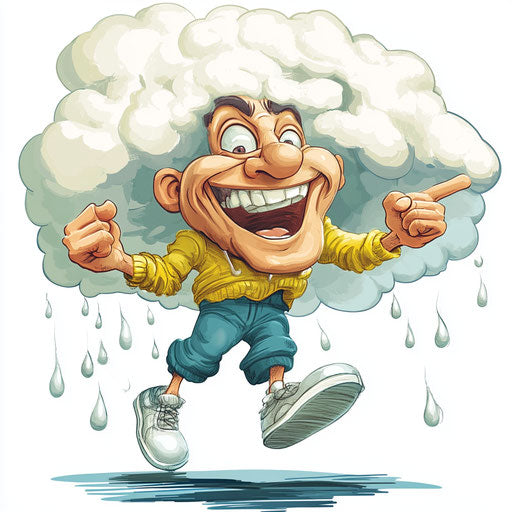 Humorous caricature of a rain cloud with human characteristics