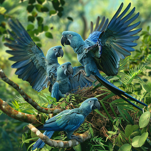 Family of Spix's macaws gathering in a treetop