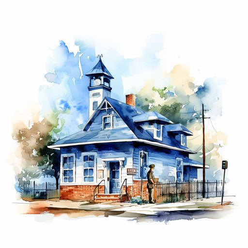 Impressionistic style police station illustration on white background