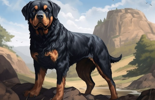 animal trainer: rottweiler breed info, dark indigo and light crimson style, ominous vibe, anemoiacore, dappled 17:11