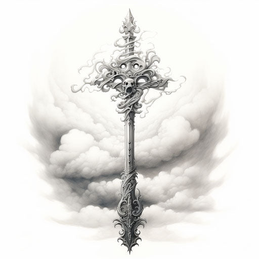 Sword tattoo style in white and silver, soft shading mist
