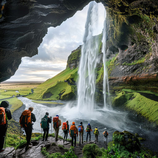 Seljalandsfoss waterfall, Iceland, adventurous hikers
