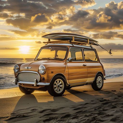 1980 Mini Cooper with vintage surfboards on beach at sunset
