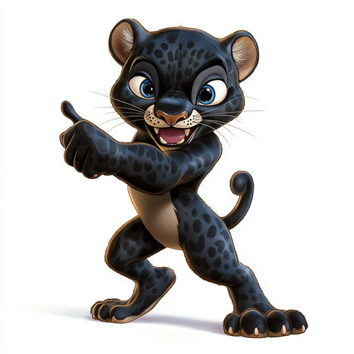 Humorous caricature of a panther with human characteristics in mid-jump