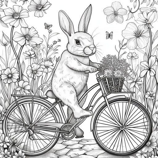 A bunny on a bike in a blooming park. Coloring page