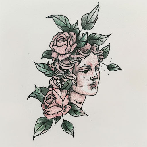 Venus face surrounded by roses, minimalist sketch
