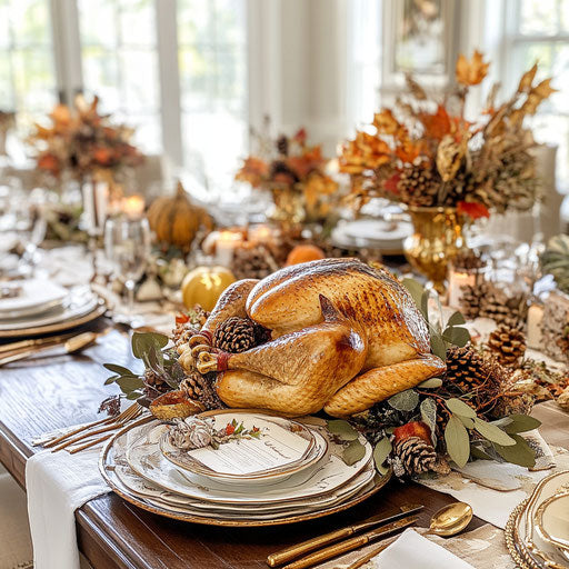 Beautifully arranged Thanksgiving table with golden turkey