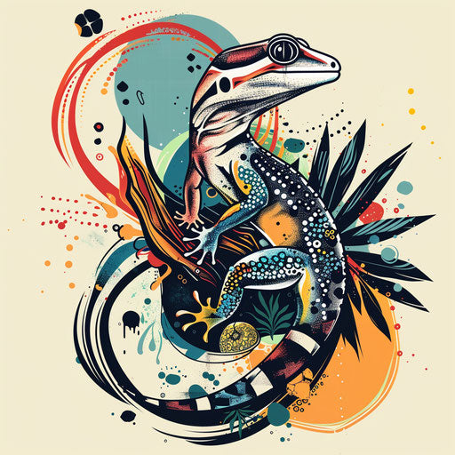 Artistic flat tattoo sketch of a gecko blending into an abstract jungle background
