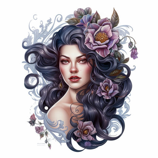 Woman tattoo with large flower headpiece in vintage style