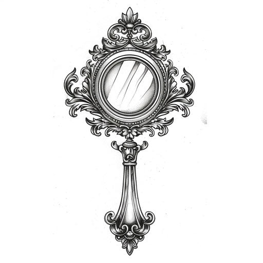 Elegant flat tattoo sketch of an ornate hand-held barber mirror