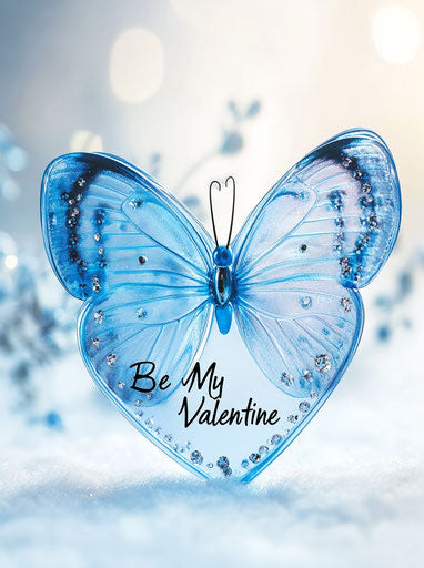 Blue butterfly on heart-shaped glass with 'Be My Valentine' text