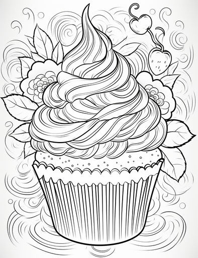 Cupcake coloring page with happy birthday and images on the background, in the style of sculpted, subtle, flickr, sgraffito, rtx on, made of all of the above, stencil-based