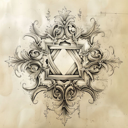 Baroque tattoo sketch of a Star of David with ornate details and classic flourishes
