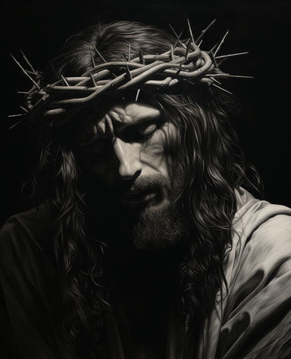 Jesus with a crown of thorns, captivating photo-realistic drawing