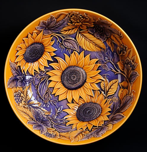 Bowl of sunflowers and purple flowers, sunny harmony