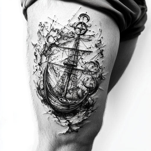 Male thigh tattoo sketch anchor ship wheel dark tones