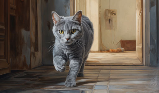 Gray cat walking in the house