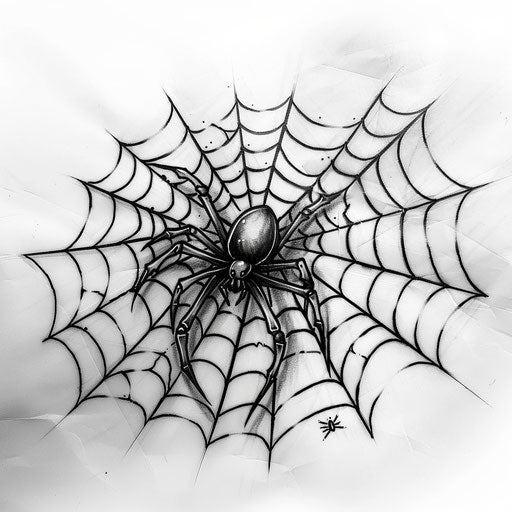 Spider web tattoo with black widow on white background