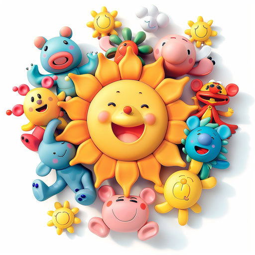 Children's toy store logo with animated toys dancing around a joyful sun