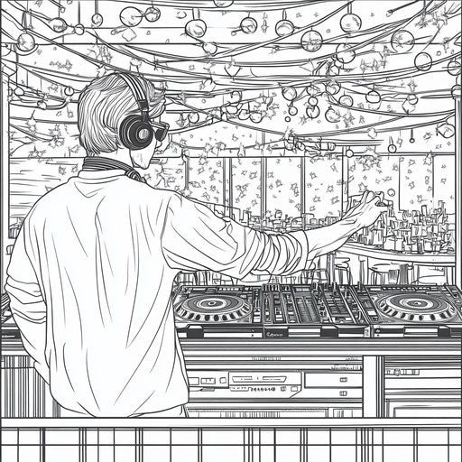 DJ at the nightclub, Jen Bartel style, coloring page