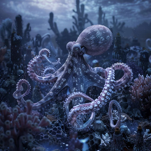 Ghostly octopus hovering over a coral graveyard at twilight
