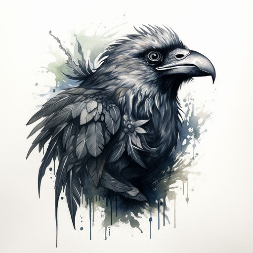 Feathered bird in occultist style, ink and wash drawing