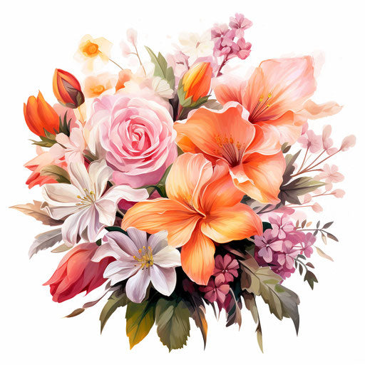 Flower bouquet in Oil painting style, on white background