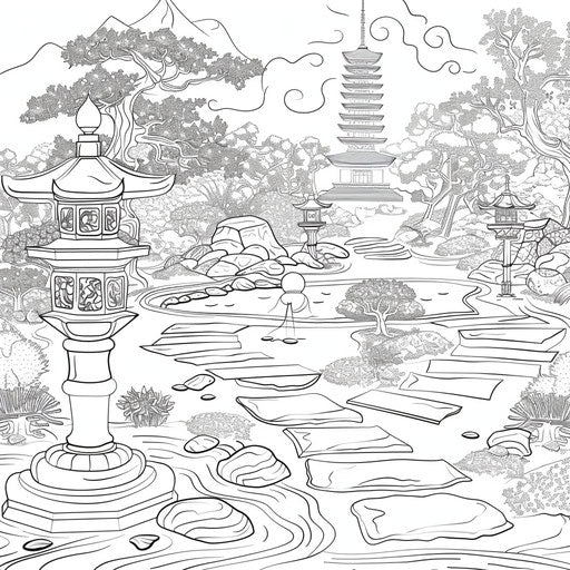 Tranquil zen garden with raked sand and stone lanterns