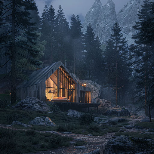 Mountain cabin with dramatic lighting