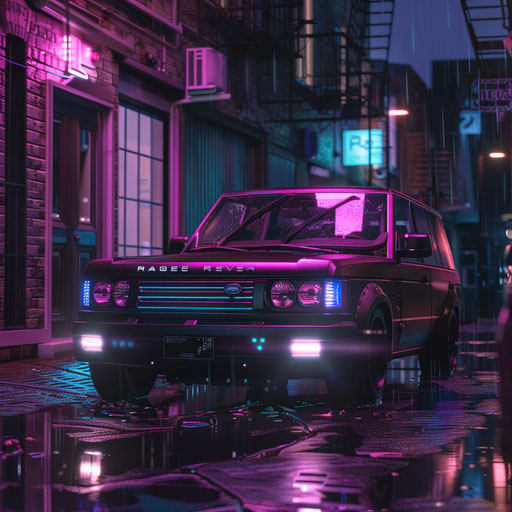 1993 cyberpunk Range Rover parked in a rainy, neon-lit alley.