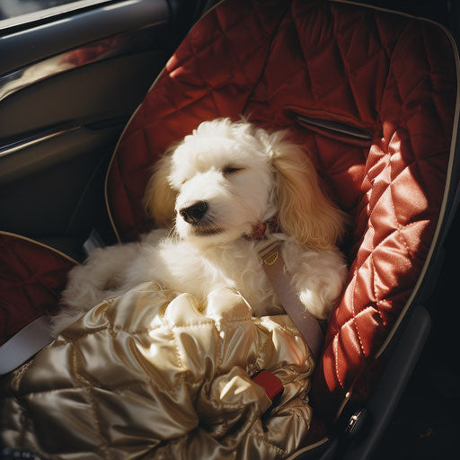 Puppy sleeping in car seat, light gold and crimson style