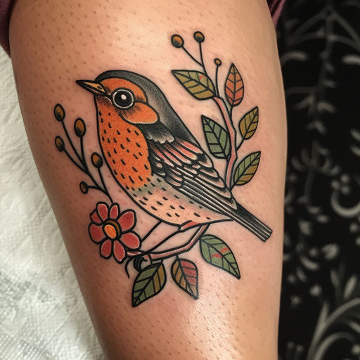 Rustic flat tattoo sketch of a robin in a traditional folk art style with simple shapes