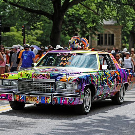 Vibrant art car transformation of a Cadillac Coupe DeVille