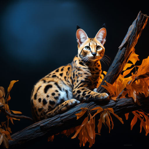A serval lying on a tree branch