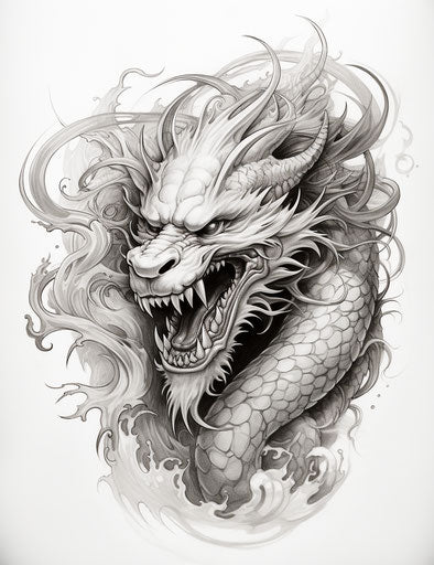 Chinese dragon in black and white on white background, realistic style