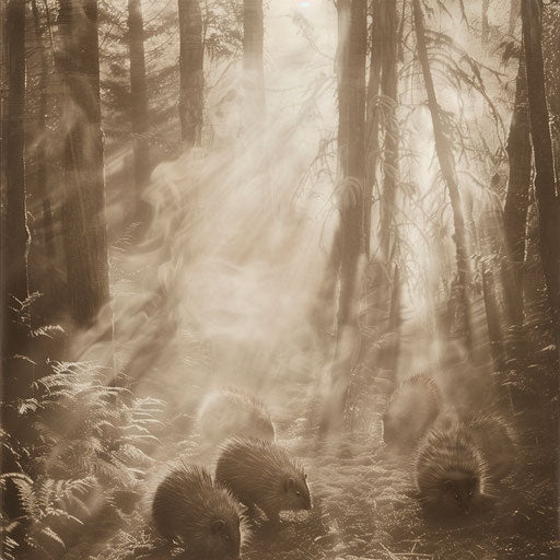 Porcupines in an ethereal sepia forest scene